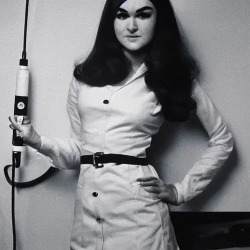 Image similar to sasha grey in 1 9 6 0 s nurse outfit posing with a syringe, 4 k, art station cinematic lighting