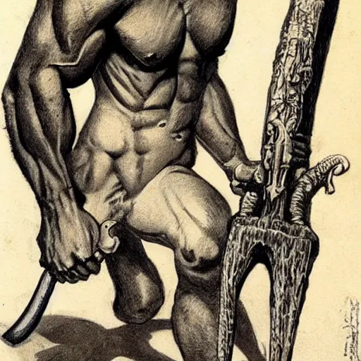 Image similar to dog-faced muscular goblin, lizard tail, holding scimitar made of bone, drawn by Frank Frazetta