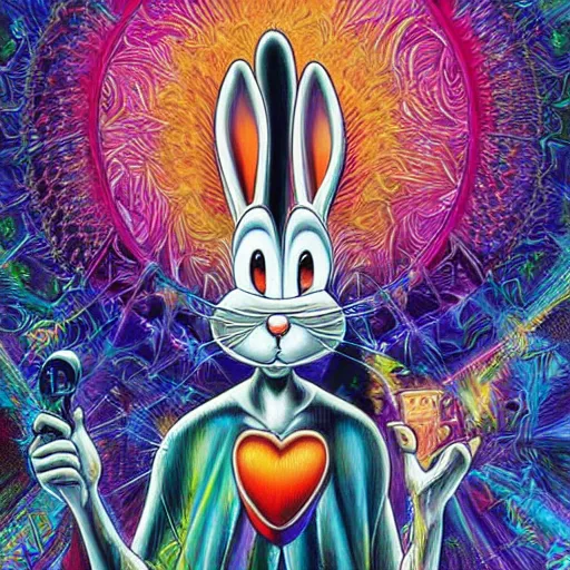 Image similar to Bugs bunny x holding an uzi painting by android jones in the style of cosmic christ by alex grey