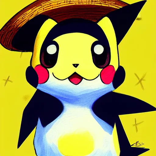 Image similar to Pichu wearing a straw hat, Pokemon, digital painting