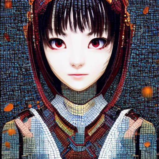 Image similar to mosaic portrait of a beautiful Iwakura Lain with robot ears by Saimir Strati, 4k, intricate details, digital, water