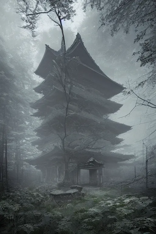 Image similar to Japanese abandoned temple in the woods, dark, moody, foggy, mysterious by Marc Simonetti