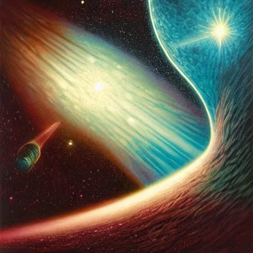 Image similar to A person floating through space in a lucid dream by David A. Hardy