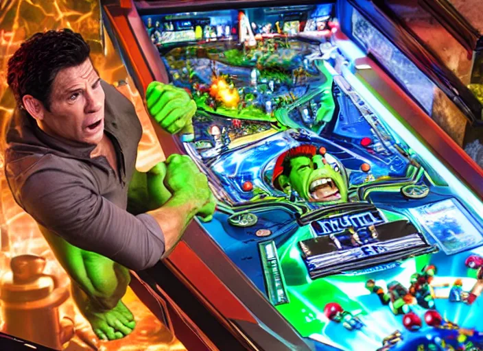 Image similar to film still of hulk playing pinball in the new avengers movie, 4 k