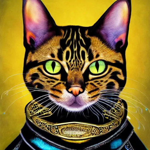 Prompt: Highly detailed portrait of a bengal cat wearing iridescent shimmering cosmic gothic ninja armor made of circuitry, epic scene