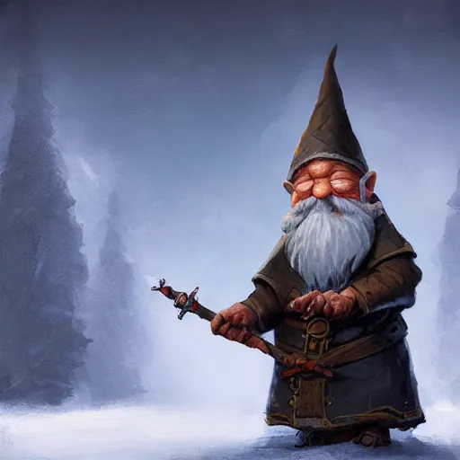 Prompt: old gnome wizard in the style of Greg Rutkowski, realistic painting, high definition, digital art, very detailed