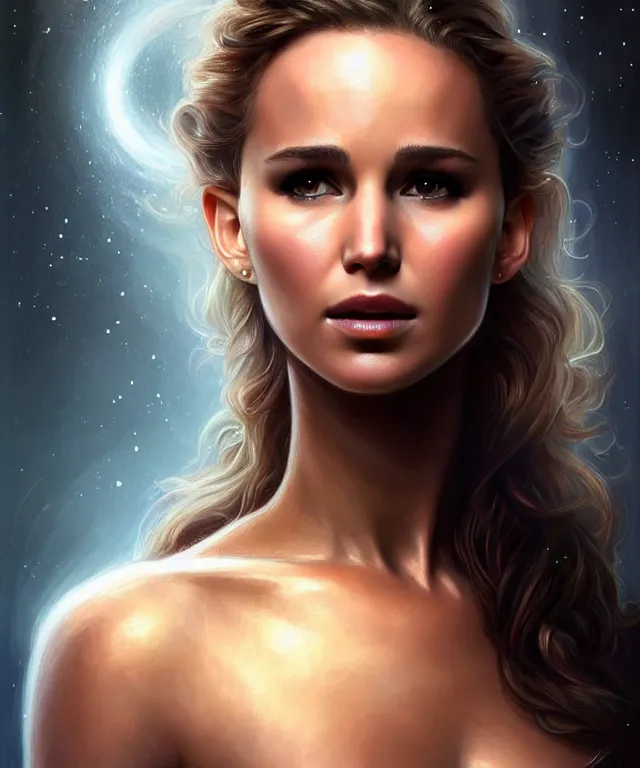 Image similar to half nathalie portman half Jennifer lawrence a fantasy magic woman portrait, sci-fi, amber eyes, face, long hair, fantasy, intricate, elegant, highly detailed, digital painting by Boticceli, artstation, concept art, smooth, sharp focus, illustration, art by artgerm and greg rutkowski and alphonse mucha