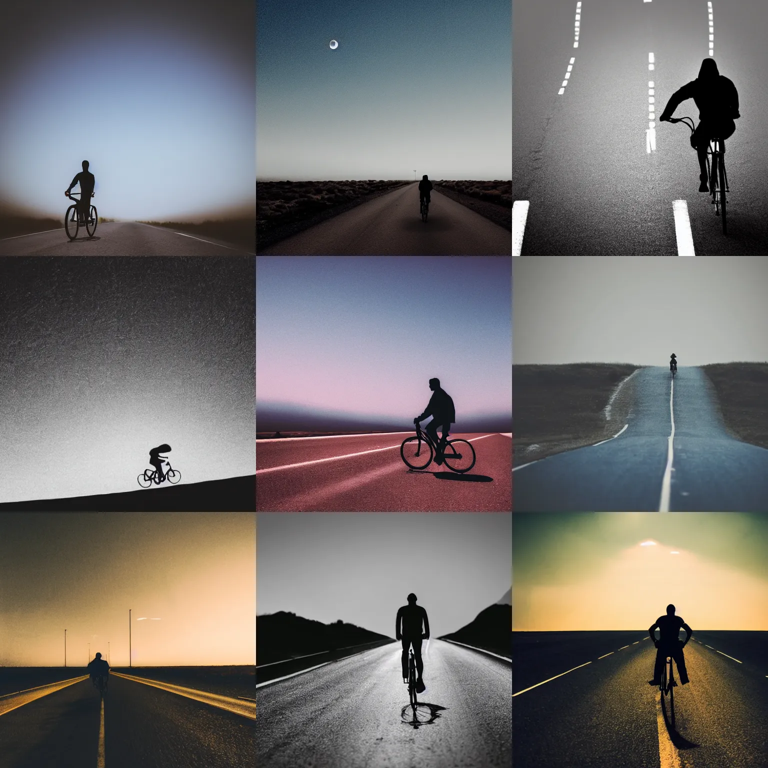 Prompt: high detail photo of a silhouette of a man riding a bicycle on a long road, at the end of the road is a big blue planet, cinematic, atmospheric, spooky, hazy, 8k, tranquil, desolate
