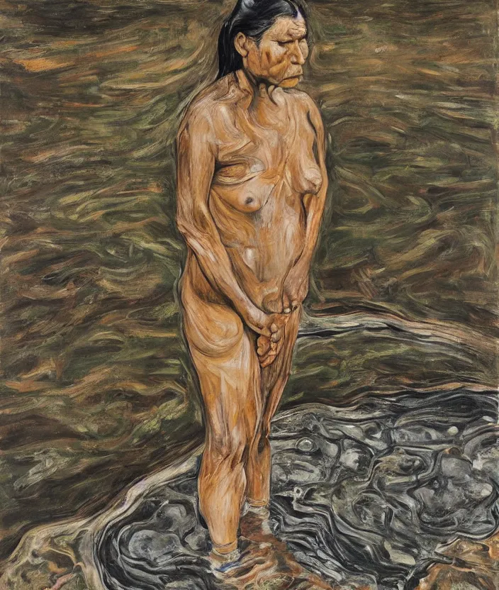 Image similar to indigenous woman standing in a pond, painted by lucian freud, hd, super detailed, realistic, muted colors