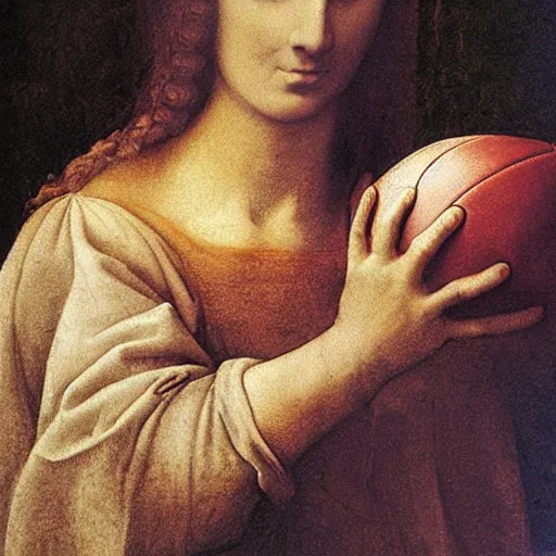 Image similar to Olivia Newton-John holding football face close-up by Leonardo da Vinci