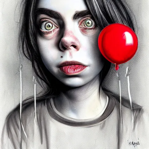 Prompt: surrealism grunge cartoon portrait sketch of billie eilish with a wide smile and a red balloon by - michael karcz, loony toons style, wall-e style, horror theme, detailed, elegant, intricate