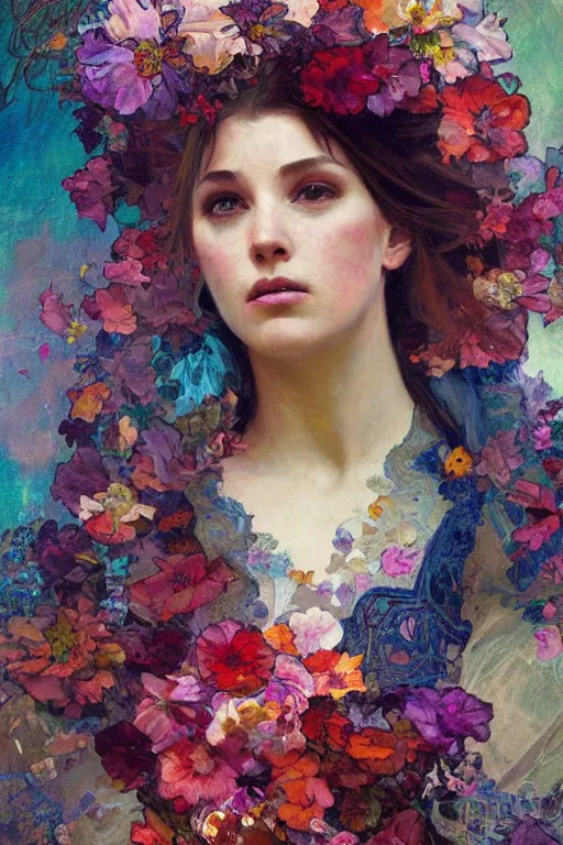 Image similar to a beautifull intricate painting of a disembodied soul surrounded by flowing flower petals, vivid colors, artstation, by jeremy mann, by alphonse mucha,