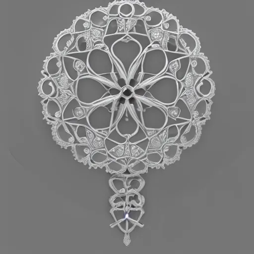 Prompt: filigree nordic jewelry isolated on white background and a flower in the background, refraction, occlusion, keyshot render, octane render, vray render