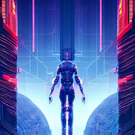 Image similar to A dream beyond horizon. ArtStation, Cyberpunk, Vertical Symmetry, 8K, Highly Detailed, Intricate, Album Art.