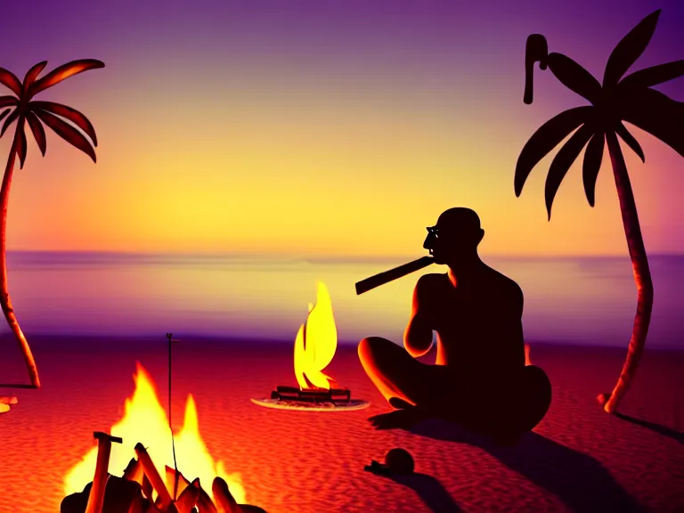 Prompt: gandhi sitting on a beach next to a campfire, holding a cigar, sunset, parrots, flamingos, coconuts, palm trees, highly detailed, digital art, hyper realistic, beautiful, 8 k, trending on deviantart, hyper detailed, glorious lighting, epic environment,