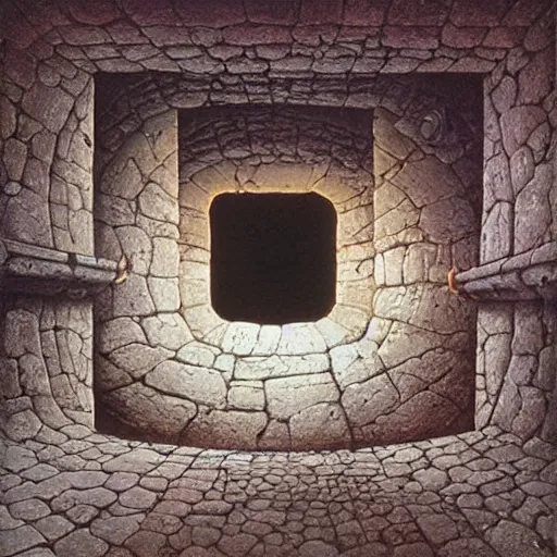 Image similar to side cutout view of a fantasy ctiy built into the walls of a cylindrical pit, painting by Peter Elson