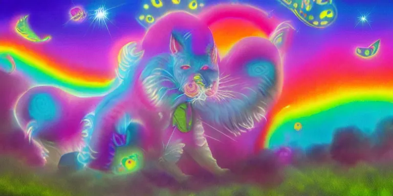 Image similar to hyperrealistic lisa frank nightmare creatures emerging from the fog