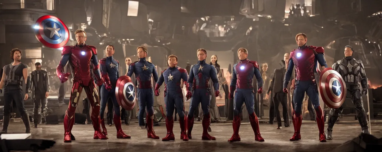 Prompt: 3 / 4 mid shot of avengers movie directed by wes anderson, rembrandt lighting, imax 4 0 mm anamorphic lens,