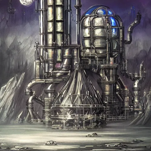 Prompt: futuristic chemical plant with gothic elements, fantasy painting, lots of detail