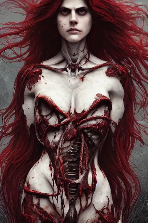 Prompt: woman black skeleton body covered with blood, alexandra daddario face, long red hair, ultra realistic, concept art, intricate details, highly detailed, photorealistic, octane render, 8 k, unreal engine. retro film still, heavy grain, 3 5 mm, art by artgerm and greg rutkowski and alphonse mucha