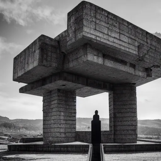 Image similar to scifi brutalist monumental castle, behemoth standing on a hill, with brutalist statues, photography