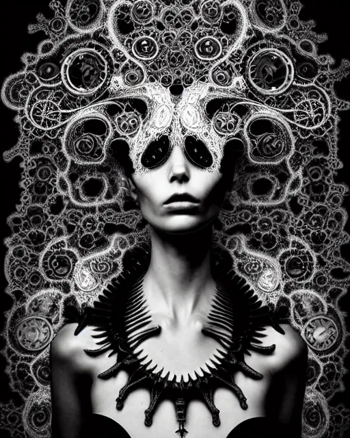 Prompt: surreal dark poetic black and white photo portrait of complex bio-mechanical beautiful young silver female vegetal-cyborg with a Mandelbrot fractal steampunk metal fine lace face, a very long neck and a fine metal floral foliage super big lace collar by Alexander McQueen:: smoke, high fashion, haute couture, rococo, steampunk, silver filigree details, anatomical, facial muscles, cable wires, microchip, elegant, dreamy, foggy atmosphere, hyper realistic, 150 mm lens, soft rim light, octane render, unreal engine, picture was taken in 1910 by Man Ray, volumetric lighting, dramatic light,8k,