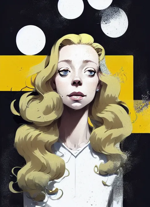 Image similar to highly detailed closeup portrait of beautiful portia doubleday, blonde wavy hair, angela moss, white suit by atey ghailan, by greg rutkowski, by greg tocchini, by james gilleard, by joe fenton, by kaethe butcher, gradient yellow, black and white color scheme, grunge aesthetic!!! ( ( graffiti tag wall background ) )