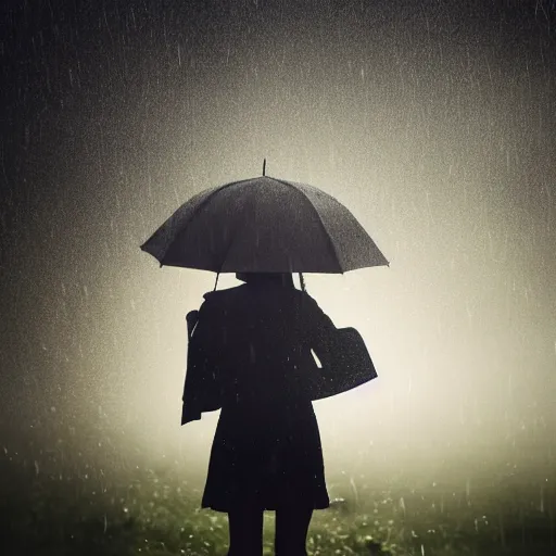 Prompt: heavy rain and a girl with an umbrella searching the sun