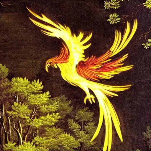 Image similar to Glowing Phoenix bird flying above a forest of pine trees painted by Caravaggio. High quality.