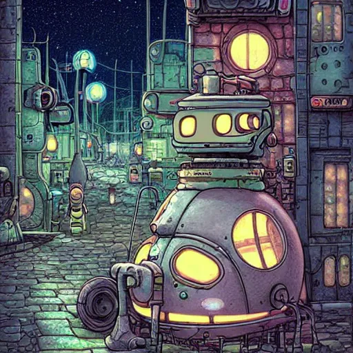 Image similar to fantasycore street view of futuristic machinarium tokyo at night by michael whelan and naomi okubo and dan mumford. cute ver.ka mecha machinarium robots. cel-shaded. glossy painting.