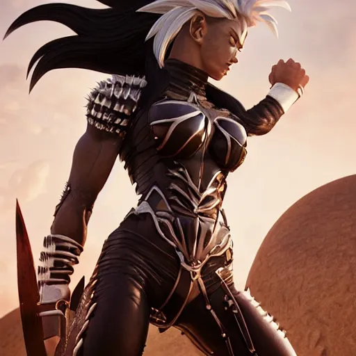 Image similar to warrior girl, muscular girl, wild spiky black saiyan hair, long spiky hair, electrified hair, wearing chrome silver armor and black spandex pants, ultra realistic, intricate details, highly detailed, subsurface scattering, photorealistic, octane render, 8 k, art by artgerm, greg rutkowski, magali villeneuve, alphonse mucha