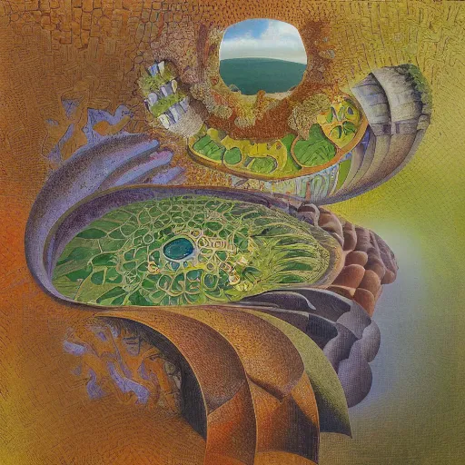 Image similar to birdview of garden shaped into mandelbulb pattern, oil on canvas, surrealism, by salvador dali