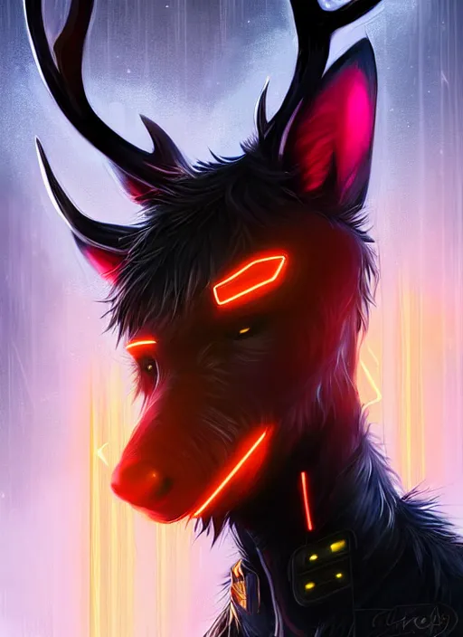 Image similar to award winning beautiful portrait commission of a male furry anthro Black Reindeer fursona with a tail, wings and a cute beautiful attractive detailed furry face wearing stylish black and orange cyberpunk clothes in a cyberpunk city at night while it rains. Character design by charlie bowater, ross tran, artgerm, and makoto shinkai, detailed, inked, western comic book art