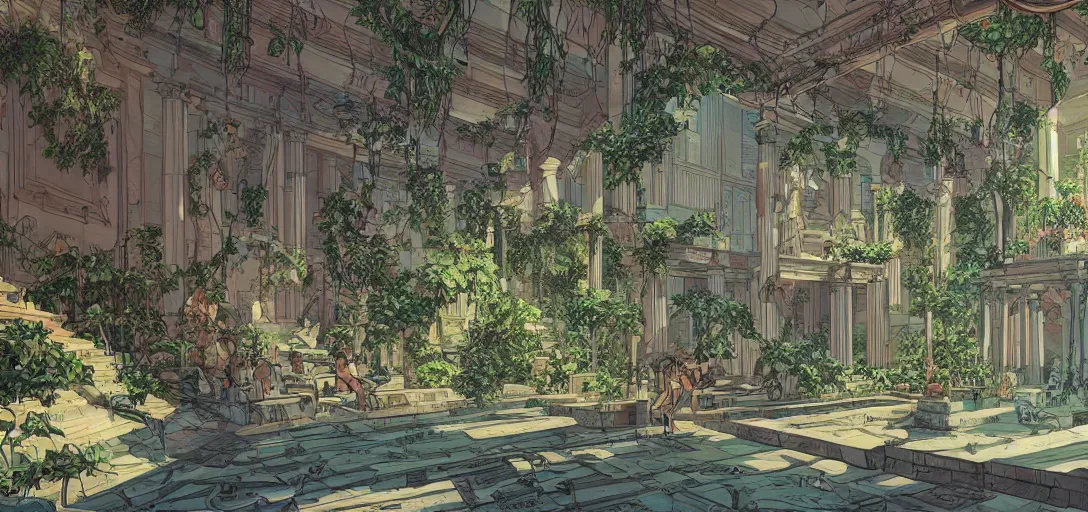 Prompt: Interior of Greek temple with hanging gardens in the graphic style of Patrick Gleason and SANA TAKEDA, detailed art, trending on Artstation, sharp focus, Beautiful comic art