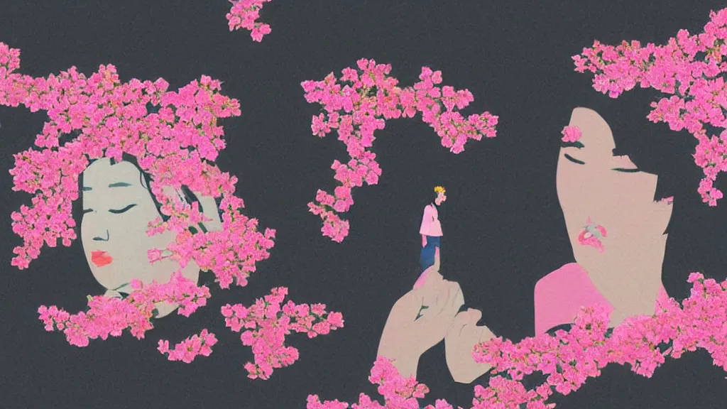 Image similar to close - up of a woman in a small group of people, a flower viewing picnic sakura, japan, a collage painting, in the style of wes anderson, lola dupre, david hockney, isolated on negative white space background dark monochrome neon fluorescent spraypaint accents volumetric octane render