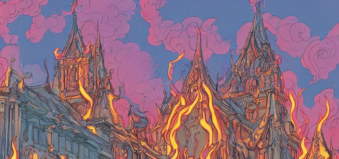 Prompt: Temple wearing flame fire smoke, art nouveau, wide angle shallow depth of field, in the graphic style of Patrick Gleason, detailed art, trending on Artstation, sharp focus, comic art