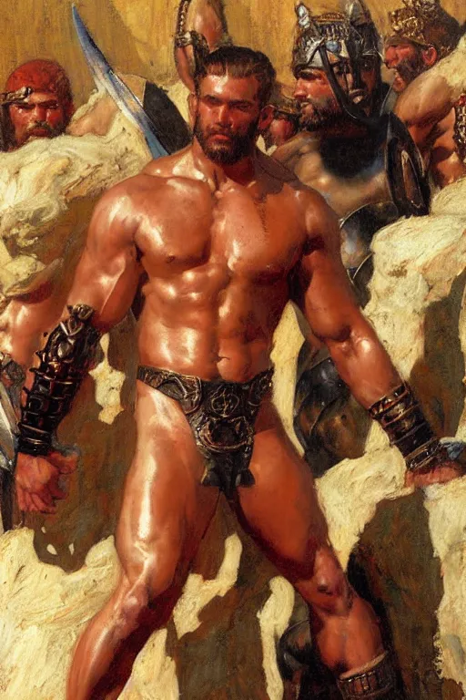 Prompt: muscular male gladiators, trojan baths painting by gaston bussiere, craig mullins, j. c. leyendecker, tom of finland