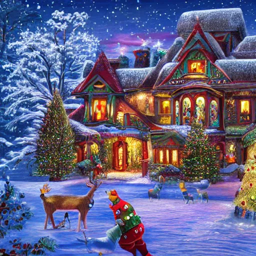 Prompt: fancy treehouse style mansion at the north pole decorated for christmas on snowy winter background, detailed luminescent oil painting 4 k