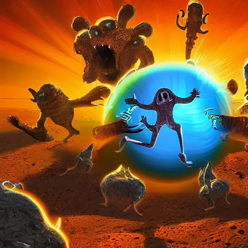 Image similar to laser war between funny creatures on a planet, digital art, award winning 4K