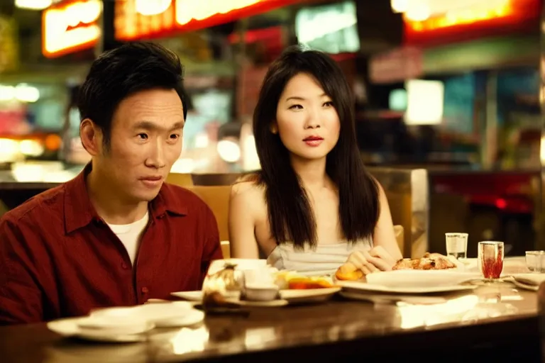 Image similar to VFX movie interior closeup beautiful Asian couple closeup sitting at 50s diner, night in the city, by Emmanuel Lubezki