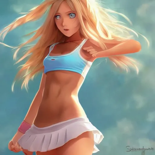 Image similar to a very beautiful young anime tennis girl, confident, full body, long wavy blond hair, sky blue eyes, full round face,, bikini, miniskirt, front view, mid - shot, highly detailed, cinematic wallpaper by stanley artgerm lau
