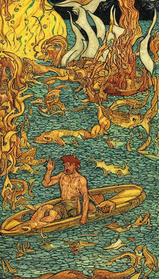 Image similar to man on boat crossing a body of water in hell with creatures in the water, sea of souls, by ivan bilibin,