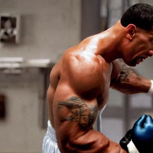 Image similar to a film still, Dwayne Johnson as rocky Balboa, cinematic, best scene