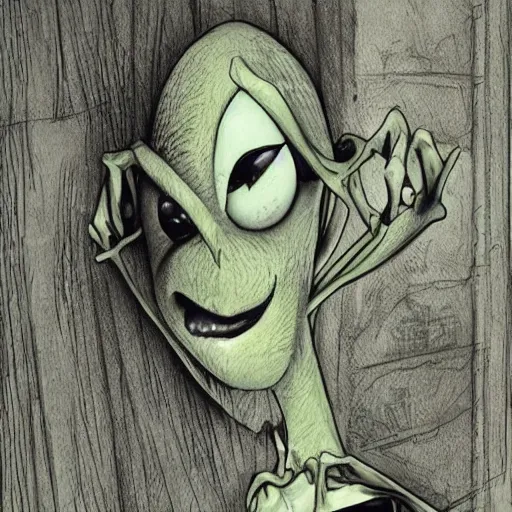 Image similar to michael karcz grunge cartoon drawing of kermit the frog. , in the style of corpse bride, loony toons style, horror themed, detailed, elegant, intricate