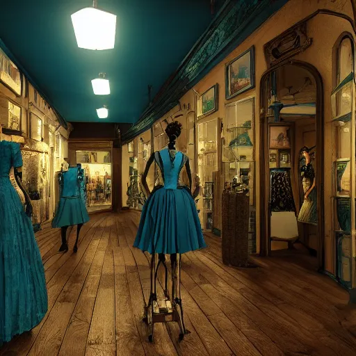 Prompt: scene in a victorian era trafalgar dress shop, turquoise dress on a manikin, cobbled laneway, ambient lighting, cinematic quality, high octane, vray render, subsurface scatter, drum scanner intricate complexity, golden ratio, kojima, amano, charlie bowater museum piece, fine art