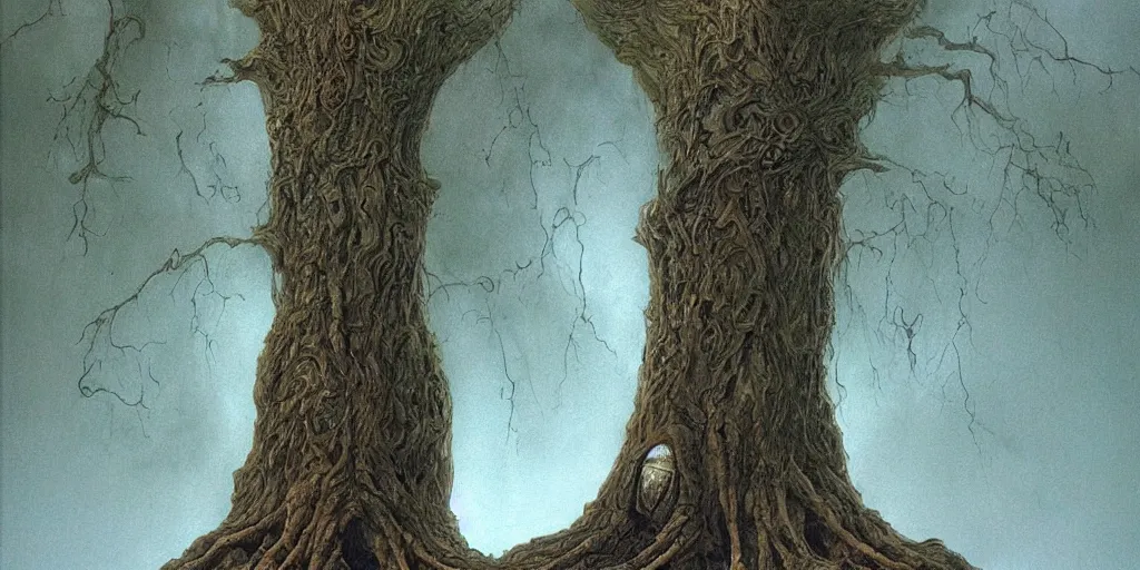 Image similar to Artwork by John Howe of The corpse of a giant that has a tree growing through its chest.