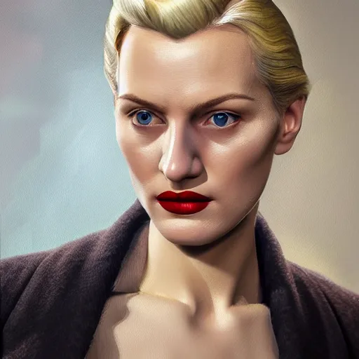 Image similar to A Hearts of Iron IV portrait of a blonde German actress with high cheekbones. Good bone structure. Dressed in 1940s style. Highly detailed, fine Art, high detail, great lighting, 8k resolution, masterpiece, concept art, illustration, clear eyes, painting oil on canvas, octane render, HDR, trending on artstation, 4k, 8k, HD