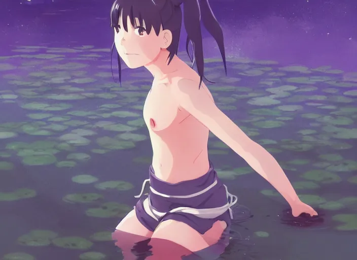 Image similar to portrait of hinata hyuga training in a pond at night, rule of thirds, illustration concept art anime key visual, trending pixiv fanbox by wlop and greg rutkowski and makoto shinkai and studio ghibli and kyoto animation