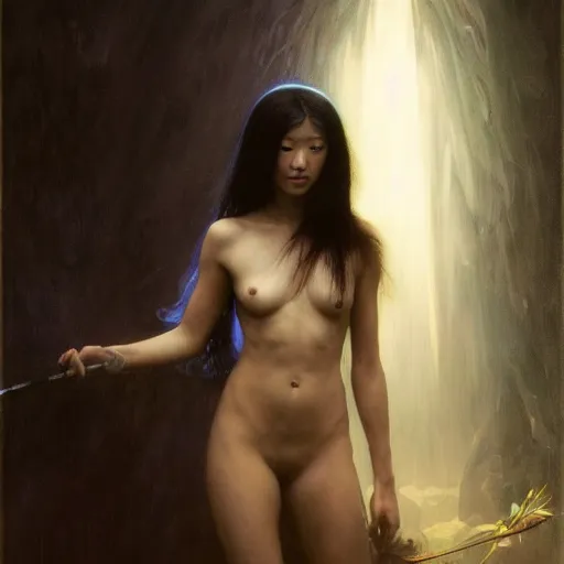 Image similar to awe-inspiring award-winning concept art painting of attractive Ashley Liao in black shrouds as the goddess of the moonbow, rainbow, by Michael Whelan, William Adolphe Bouguereau, John Williams Waterhouse, and Donato Giancola, cyberpunk, extremely moody lighting, glowing light and shadow, atmospheric, shadowy, cinematic, 8K,