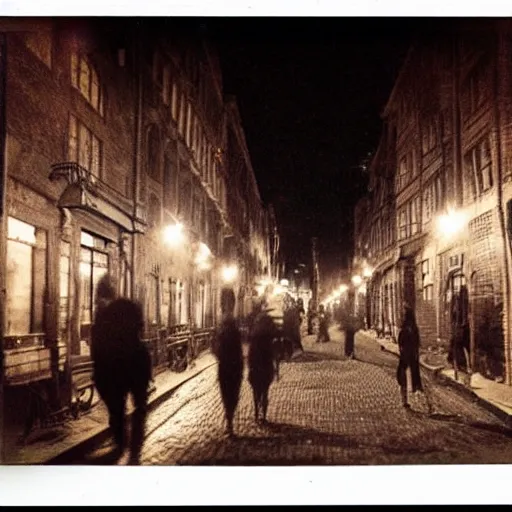 Image similar to a street level Polaroid of a steampunk victorian city street, with people walking on the streets, at night